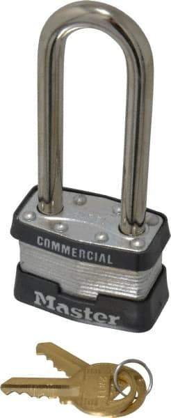 Master Lock - 2-1/2" Shackle Clearance, Keyed Different Padlock - 3/4" Shackle Width, 5/16" Shackle Diam, Laminated Steel - Top Tool & Supply