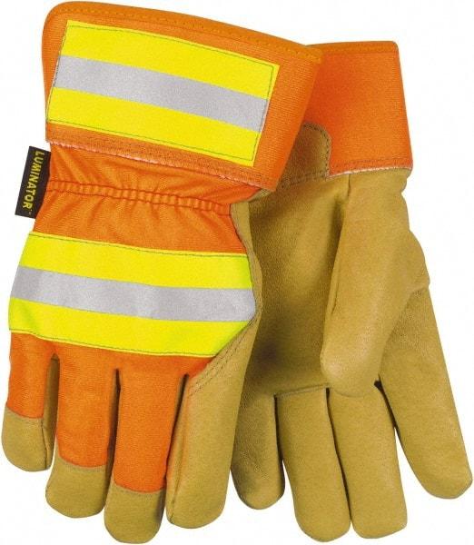 MCR Safety - Size S Pigskin General Protection Work Gloves - For General Purpose, Uncoated, Safety Cuff, Tan/Hi-Vis Orange, Paired - Top Tool & Supply