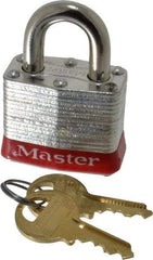 Master Lock - Keyed Alike Retaining Key Conductive Lockout Padlock - 3/4" Shackle Clearance, 9/32" Shackle Diam, 1-1/4" Body Height x 1-9/16" Body Width, Red, 4 Pins - Top Tool & Supply