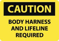 NMC - "Caution - Body Harness and Lifeline Required", 10" Long x 14" Wide, Rigid Plastic Safety Sign - Rectangle, 0.05" Thick, Use for Accident Prevention - Top Tool & Supply