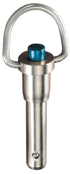 Jergens - 3/8" Diam, 1-1/2" Usable Length, Ring Handle, Push Button Quick Release Pin - 3-1/2" Overall Length, Grade 17-4 Stainless Steel, Passivated Finish - Top Tool & Supply