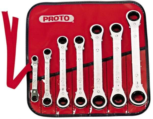 Proto - 7 Piece, 7mm to 21mm, 6, 12 Point Ratcheting Box Wrench Set - Metric Measurement Standard, Chrome Finish, Comes in Pouch - Top Tool & Supply