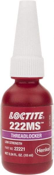 Loctite - 10 mL Bottle, Purple, Low Strength Liquid Threadlocker - Series 222MS, 24 hr Full Cure Time, Hand Tool Removal - Top Tool & Supply