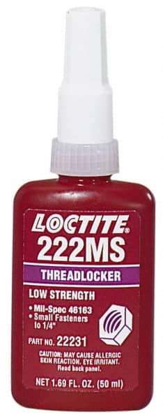 Loctite - 250 mL Bottle, Purple, Low Strength Liquid Threadlocker - Series 222MS, 24 hr Full Cure Time, Hand Tool, Heat Removal - Top Tool & Supply