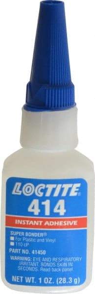 Loctite - 1 oz Bottle Clear Instant Adhesive - Series 414, 20 sec Fixture Time, 24 hr Full Cure Time, Bonds to Metal, Plastic & Rubber - Top Tool & Supply