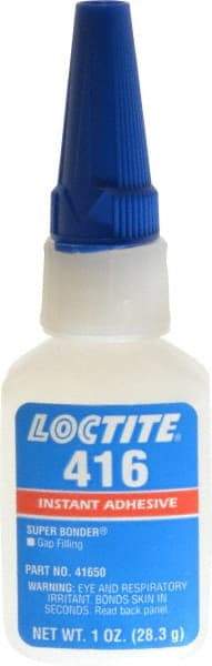 Loctite - 1 oz Bottle Clear Instant Adhesive - Series 416, 30 sec Fixture Time, 24 hr Full Cure Time, Bonds to Metal, Plastic & Rubber - Top Tool & Supply