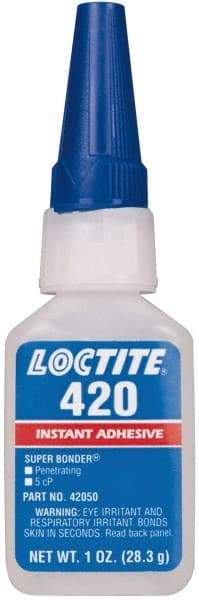 Loctite - 1 oz Bottle Clear Instant Adhesive - Series 420, 20 sec Fixture Time, 24 hr Full Cure Time, Bonds to Metal, Plastic & Rubber - Top Tool & Supply