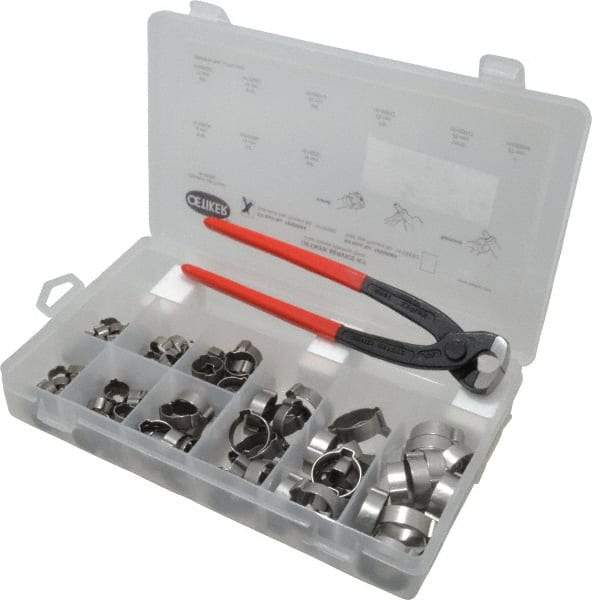 Oetiker - 124 Piece, 5/16 to 1" Diam, 2-Ear Service Clamp Kit - 123 Clamps & 1 Stainless Steel Standard Jaw Pincer - Top Tool & Supply