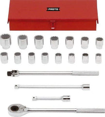 Proto - 19 Piece 3/4" Drive Chrome Finish Socket Set - 12 Points, 24mm to 46mm Range, Metric Measurement Standard - Top Tool & Supply