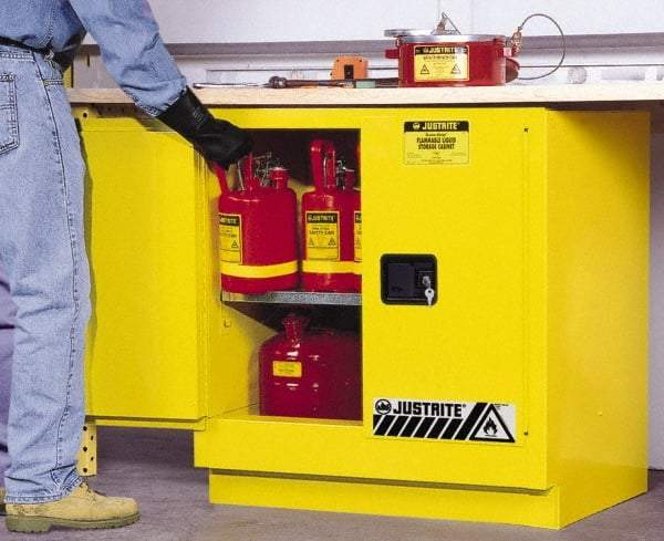 Justrite - 2 Door, 1 Shelf, Yellow Steel Under the Counter Safety Cabinet for Flammable and Combustible Liquids - 35" High x 35" Wide x 22" Deep, Manual Closing Door, 22 Gal Capacity - Top Tool & Supply