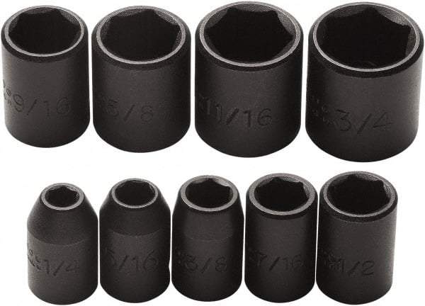 Proto - 9 Piece 3/8" Drive Impact Socket Set - 6 Points, 1/4" to 3/4" Range, Inch Measurement Standard - Top Tool & Supply