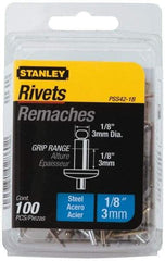 Stanley - Steel Color Coded Blind Rivet - Steel Mandrel, 0.062" to 1/8" Grip, 1/4" Head Diam, 0.125" to 0.133" Hole Diam, 0.275" Length Under Head, 1/8" Body Diam - Top Tool & Supply