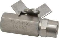 Midwest Control - 1/4" Pipe, Full Port, Stainless Steel Miniature Ball Valve - 2 Piece, Inline - Two Way Flow, FNPT x FNPT Ends, Butterfly Handle, 1,000 WOG, 150 WSP - Top Tool & Supply