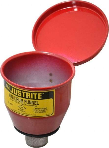 Justrite - 4-1/2" High x 4-1/2" Diam, Galvanized Steel, Manual Closing Pail Funnel with Flame Arrester - 1" Arrester/Tube Length, 5 Gal Drum/Pail Capacity - Top Tool & Supply