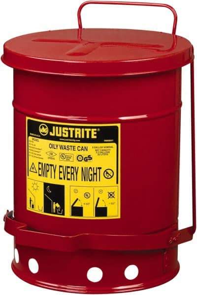 Justrite - 6 Gallon Capacity, Galvanized Steel Disposal Can - 11-7/8 Inch Wide/Diameter x 15-7/8 Inch High, Red, Foot Operated, Approved FM and UL - Top Tool & Supply