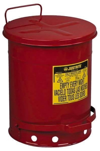 Justrite - 10 Gallon Capacity, Galvanized Steel Disposal Can - 13-15/16 Inch Wide/Diameter x 18-1/4 Inch High, Red, Foot Operated, Approved FM and UL - Top Tool & Supply