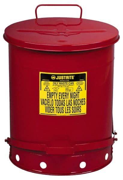 Justrite - 14 Gallon Capacity, Galvanized Steel Disposal Can - 16-1/16 Inch Wide/Diameter x 20-1/4 Inch High, Red, Foot Operated, Approved FM and UL - Top Tool & Supply