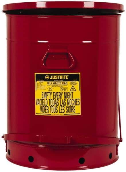 Justrite - 21 Gallon Capacity, Galvanized Steel Disposal Can - 18-3/8 Inch Wide/Diameter x 23-7/16 Inch High, Red, Foot Operated, Approved FM and UL - Top Tool & Supply