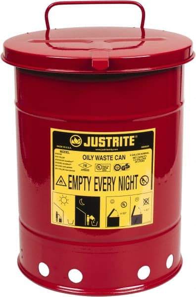 Justrite - 6 Gallon Capacity, Galvanized Steel Disposal Can - 11-7/8 Inch Wide/Diameter x 15-7/8 Inch High, Red, Hand Operated, Approved FM and UL - Top Tool & Supply