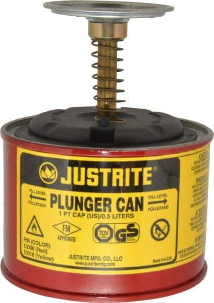 Justrite - 1 Pint Capacity, 5-1/4 Inch High x 4-7/8 Inch Diameter, Steel Plunger Can - 2-3/4 Inch Dasher Diameter, Red, Approval Listing/Regulation FM - Top Tool & Supply