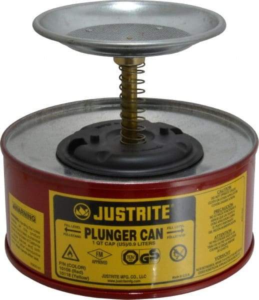 Justrite - 1 Quart Capacity, 5-5/8 Inch High x 7-1/4 Inch Diameter, Steel Plunger Can - 5 Inch Dasher Diameter, Red, Approval Listing/Regulation FM - Top Tool & Supply