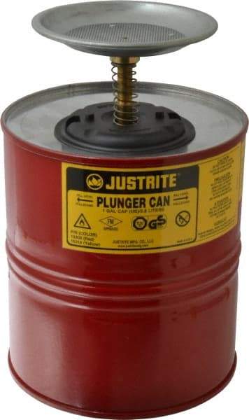 Justrite - 4 Quart Capacity, 10-1/2 Inch High x 7-1/4 Inch Diameter, Steel Plunger Can - 5 Inch Dasher Diameter, Red, Approval Listing/Regulation FM - Top Tool & Supply