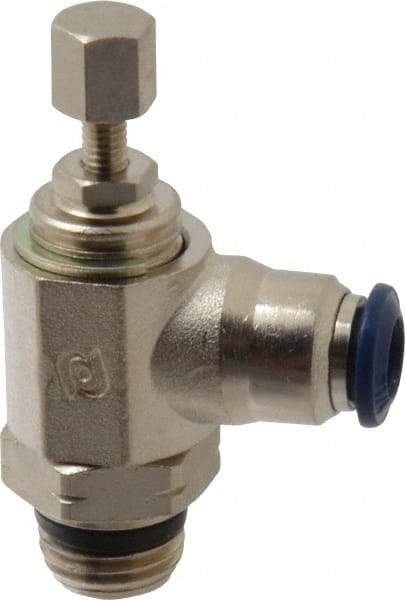 Value Collection - 1/4" Pipe, Angled Miniature Needle Valve - Buna Seal, Male x Push to Connect Ends, Nickel Plated Brass Valve, 145 Max psi - Top Tool & Supply