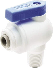 Parker - 1/4" Pipe, Full Port, Polypropylene Valve Male Elbow Ball Valve - Bi-Directional, MNPT x Push-to-Connect Ends, Wedge Handle, 150 WOG - Top Tool & Supply