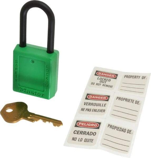 Master Lock - Keyed Alike Nonconductive Lockout Padlock - 1-1/2" Shackle Clearance, 1/4" Shackle Diam, 1-3/4" Body Height x 1-1/2" Body Width, Green, 6 Pins - Top Tool & Supply