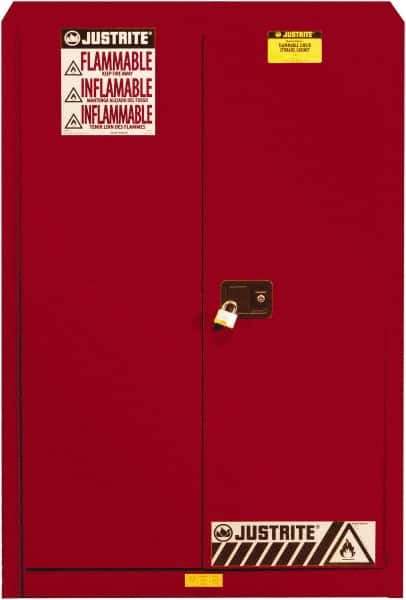 Justrite - 2 Door, 5 Shelf, Red Steel Standard Safety Cabinet for Flammable and Combustible Liquids - 65" High x 43" Wide x 18" Deep, Self Closing Door, 3 Point Key Lock, 60 Gal Capacity - Top Tool & Supply