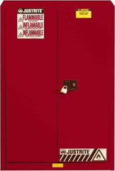 Justrite - 2 Door, 5 Shelf, Red Steel Standard Safety Cabinet for Flammable and Combustible Liquids - 65" High x 43" Wide x 18" Deep, Self Closing Door, 3 Point Key Lock, 60 Gal Capacity - Top Tool & Supply