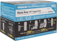 Toggler - 1/4" Screw, 6-1/4" Long, 3/8 to 3-5/8" Thick, Toggle Bolt Drywall & Hollow Wall Anchor - 1/4 - 20" Thread, 1/2" Drill, Zinc Plated, Steel, Grade 1010, Use in Drywall - Top Tool & Supply