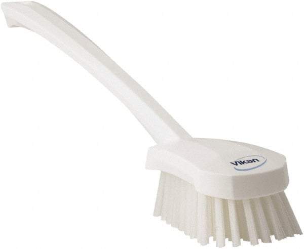 Vikan - 1.3" Bristle Length, Polyester Scrub Brush - 4" Long x 2-3/4" Wide Head, 15-3/4" OAL, White, Polypropylene Block - Top Tool & Supply