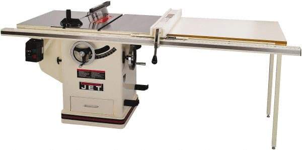 Jet - 10" Blade Diam, 5/8" Arbor Diam, 1 Phase Table Saw - 5 hp, 65" Wide x 36" Deep x 38" High, 230 Volt, 3" Cutting Depth - Top Tool & Supply