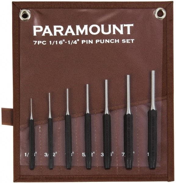 Paramount - 7 Piece, 1/16 to 1/4", Pin Punch Set - Hexagon Shank, Comes in Canvas Roll - Top Tool & Supply