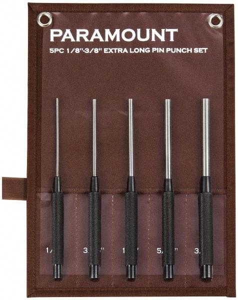 Paramount - 5 Piece, 1/8 to 3/8", Pin Punch Set - Round Shank, Steel, Comes in Canvas Roll - Top Tool & Supply