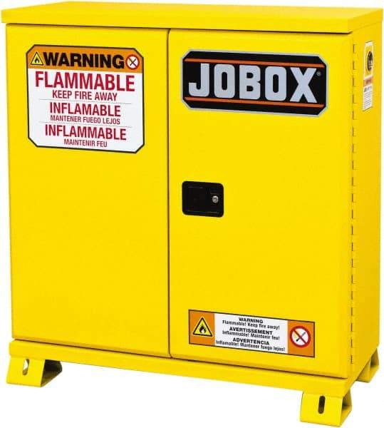 Jobox - 2 Door, 1 Shelf, Yellow Steel Standard Safety Cabinet for Flammable and Combustible Liquids - 49" High x 46-3/32" Wide x 19-5/8" Deep, Manual Closing Door, 30 Gal Capacity - Top Tool & Supply