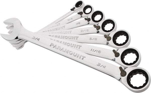 Paramount - 7 Piece, 3/8" to 3/4", 12 Point Reversible Ratcheting Combination Wrench Set - Inch Measurement Standard, Full Polish Chrome Finish, Comes in Blow Molded Case - Top Tool & Supply