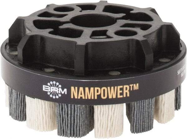 Brush Research Mfg. - 4" 180 Grit Ceramic/Silicon Carbide Tapered Disc Brush - Medium Fine Grade, CNC Adapter Connector, 0.71" Trim Length, 7/8" Arbor Hole - Top Tool & Supply
