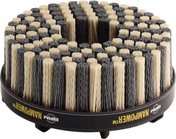 Brush Research Mfg. - 4" 120 Grit Ceramic/Silicon Carbide Tapered Disc Brush - Medium Grade, CNC Adapter Connector, 0.71" Trim Length, 7/8" Arbor Hole - Top Tool & Supply