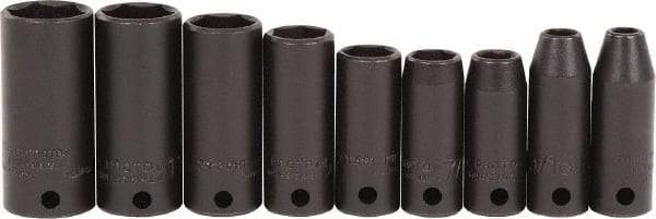 Proto - 9 Piece 3/8" Drive Black Finish Deep Well Impact Socket Set - 6 Points, 1/4" to 3/4" Range, Inch Measurement Standard - Top Tool & Supply