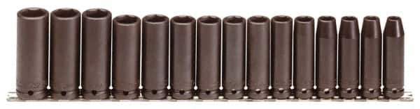 Proto - 15 Piece 1/2" Drive Black Finish Deep Well Impact Socket Set - 6 Points, 3/8" to 1-1/2" Range, Inch Measurement Standard - Top Tool & Supply