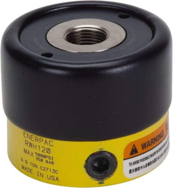 Enerpac - 6.9 Ton, 0.32" Stroke, 0.86 Cu In Oil Capacity, Portable Hydraulic Hollow Hole Cylinder - 2.76 Sq In Effective Area, 2.22" Lowered Ht., 2.54" Max Ht., 1.375" Plunger Rod Diam, 5,000 Max psi - Top Tool & Supply