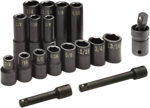 SK - 17 Piece 1/2" Drive Standard Deep Impact Socket Set - 6 Points, 3/8 to 3/4", Inch Measurement Standard - Top Tool & Supply