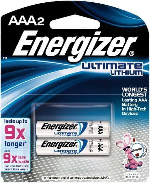 Energizer - Size AAA, Lithium, 2 Pack, Photo Battery - 1.5 Volts, Flat Terminal, FR03, ANSI, IEC Regulated - Top Tool & Supply