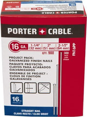 Porter-Cable - 16 Gauge 2-1/2" Long Finishing Nails for Power Nailers - Steel, Galvanized Finish, Smooth Shank, Straight Stick Collation, Chisel Point - Top Tool & Supply