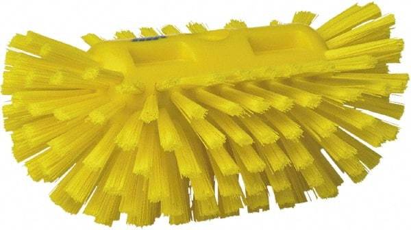 Vikan - 1-1/2" Bristle Length, Polyester Utility Scrub Brush - 5-1/2" Wide Head, 8" OAL, European Threaded Handle, Yellow, Polypropylene Block - Top Tool & Supply