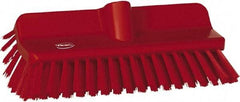 Vikan - 1-1/2" Bristle Length, Polyester Cleaning & Finishing Brush - 9-5/8" Long x 5" Wide Head, 10" OAL, European Threaded Handle, Red, Polypropylene Block - Top Tool & Supply