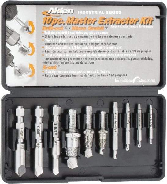 Alden - 10 Piece Screw Extractor/Drill Set - #4 to 1/2 Size Range - Top Tool & Supply