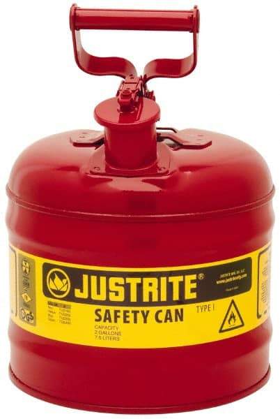 Justrite - 2 Gal Galvanized Steel Type I Safety Can - 13-3/4" High x 9-1/2" Diam, Red with Yellow - Top Tool & Supply